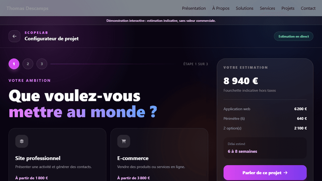 Réalisation : Configurateur de Devis — projet créé par Thomas Descamps